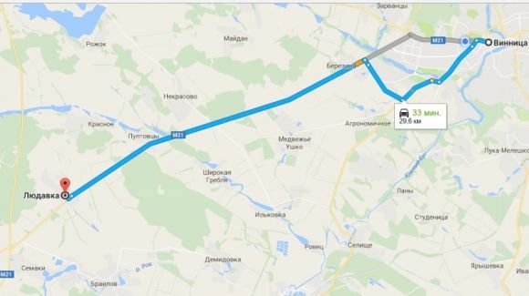 У Людавці збудують сміттєпереробний комплекс. Місто дає 25 мільйонів на сайті 20minut.ua За 33 хвилини машина їде з Вінниці до Людавки. Скріншот з гугл карт