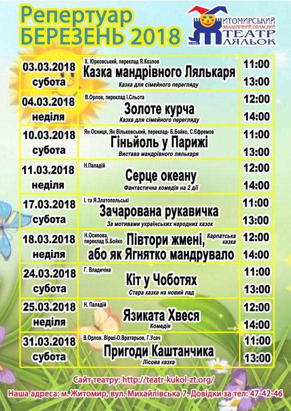 Репертуар Житомирського театру ляльок на березень 2018 року, фото №1 на сайті 20minut.ua