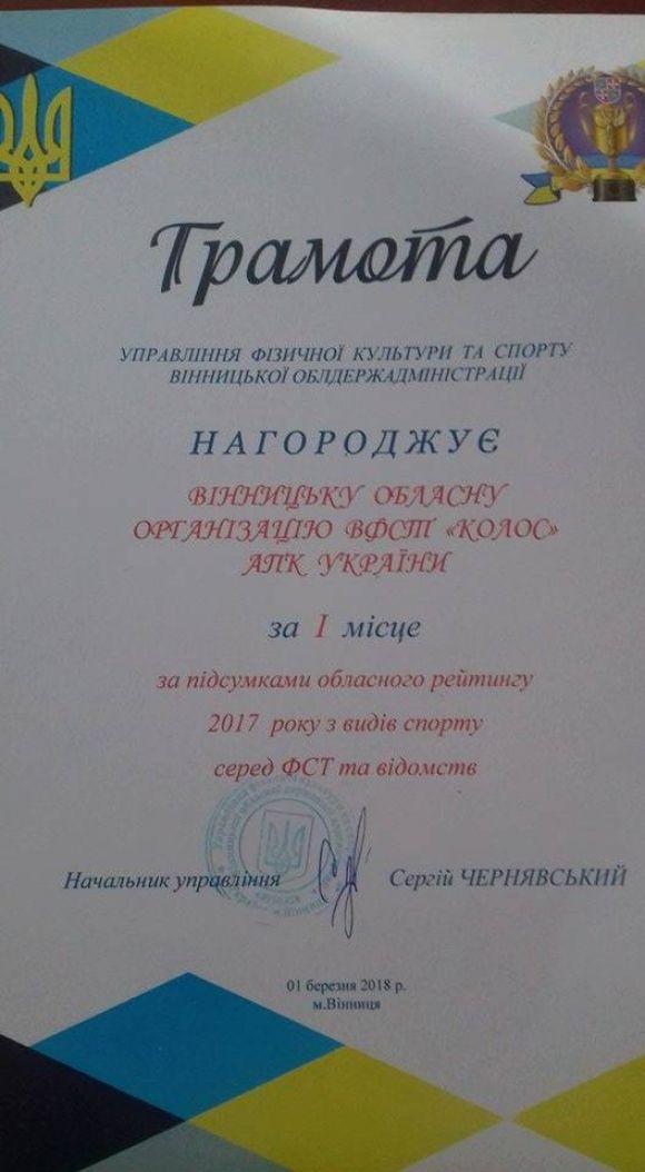 «Колос» зайняв І місце серед облрад ФСТ і відомств, фото №1 на сайті 20minut.ua