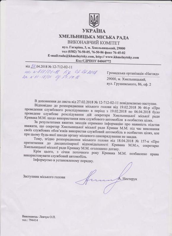 Кривак отримав догану від мера за те, що використав службове авто у власних цілях, фото №1 на сайті vsim.ua