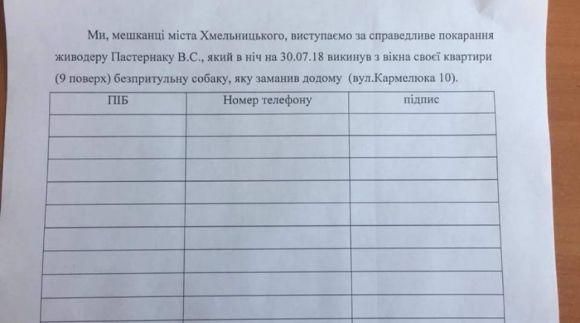 Новини Хмельницького - фото з "Чоловік, який викинув собаку з 9-ого поверху, має відповісти перед законом": у Хмельницькому збирають підписи "Чоловік, який викинув собаку з 9-ого поверху, має відповісти перед законом": у Хмельницькому збирають підписи, фото №1 на сайті vsim.ua