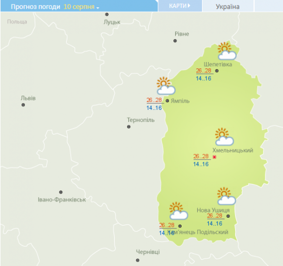 Новини Хмельницького - фото з Багато сонця і тепла. Прогноз погоди у Хмельницькому на 10 серпня Багато сонця і тепла. Прогноз погоди у Хмельницькому на 10 серпня, фото №1 на сайті vsim.ua