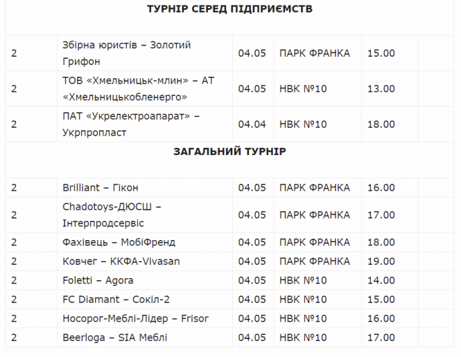 Новини Хмельницького - фото з ВСІМ Бізнес-ліга 2019: календар матчів на 4 травня ВСІМ Бізнес-ліга 2019: календар матчів на 4 травня, фото №1 на сайті vsim.ua