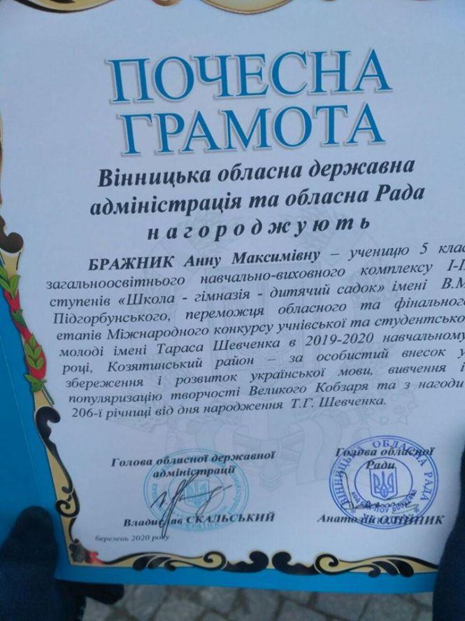 Анна Бражник — переможниця учнівської молоді імені Шевченка в області, фото №1 на сайті 20minut.ua