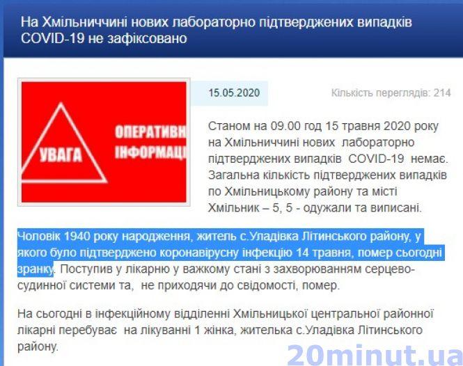 Новини Вінниці - фото з У Хмільнику помер 80-річний чоловік, в якого підтвердили коронавірус — Хмільницька РДА У Хмільнику помер 80-річний чоловік, в якого підтвердили коронавірус — Хмільницька РДА, фото №1 на сайті 20minut.ua