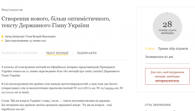 Нова петиція: президента просять змінити Гімн України на більш оптимістичний, фото №1 на сайті vsim.ua