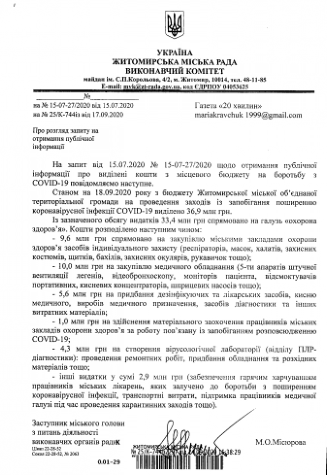 Майже 37 млн грн з бюджету Житомира витратили на боротьбу з COVID-19, фото №1 на сайті 20minut.ua