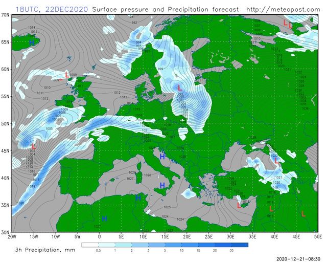 Зображення може містити: текст «7ON 1014 1015 65N 18UTC, 22DEC2020 Surface pressure and Precipitation forecast http://meteopost.com 6ON 55N 999 010 011 1012 012 1013 50N 1005 45N 1021 4GN 027- 026 020 35N 1021 1020 30N 20W 1025 15W 10W 1024 5W 1024 5E 3h Precipitation, mm 10E 0.5 15E 1 20E 2 25E 3 30E 5 10 35E 15 40E 45E 50E 2020-12-21-08:30»