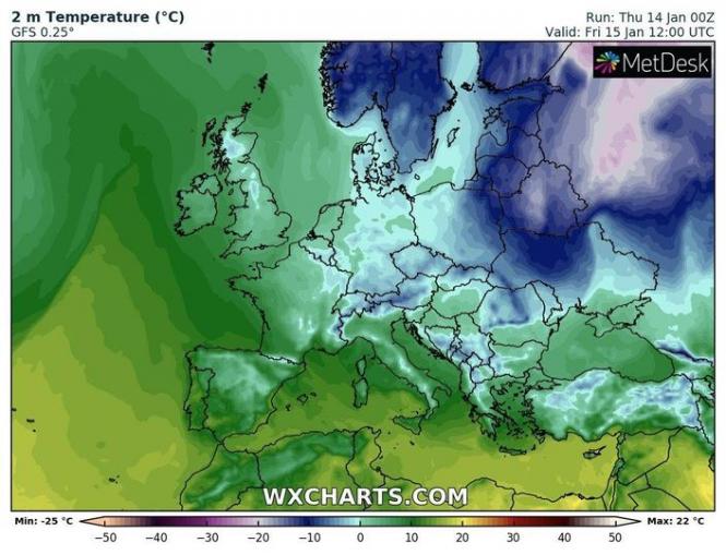 Зображення може містити: текст «2m Temperature (C) GFS 0.25° Run: Thu 14 Jan O0Z Valid: Fri 15 Jan 12:00 UTC MetDesk Min: -25 C -50 -40 -30 -20 WXCHARTS.COM -10 0 10 20 30 40 Max: C 50»