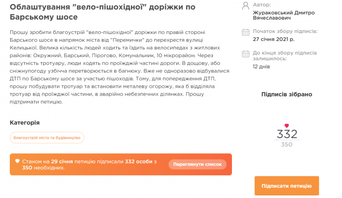 Новини Вінниці - фото з На Барському шосе просять облаштувати «вело-пішохідні» доріжки. ПЕТИЦІЯ На Барському шосе просять облаштувати «вело-пішохідні» доріжки. ПЕТИЦІЯ, фото №1 на сайті 20minut.ua