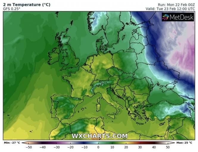 May be an image of map, небо та текст «2 GFS 0.25° Temperature (C) Run: Mon 22 Feb O0Z Valid: Tue 23 Feb 12:00 UTC *MetDesk Min: -27 C -50 -40 -30 -20 -10 WXCHARTS.COM 0 10 20 30 40 Max: 25 °C 50»