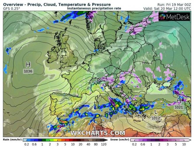 May be an image of map, небо та текст «Overview Precip, Cloud, Temperature & Pressure GFS 0.25° Instantaneous precipitation rate Run: Fri 19 Mar O0Z Valid: Sat 20 Mar 12:00 UTC *MetDesk 1022- 1030- H 1036 1026 1021 Rain (mm/hr) 0.2 0.6 1012 1 2 20 80 120 WXCHARTS.COM Snow (cm/hr) 0.2 06123510»