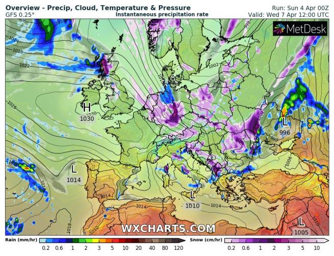 Возможно, это изображение (карта, небо та текст «Overview Precip, Cloud, Temperature & Pressure GFS 0.25° Instantaneous precipitation rate Run: Sun 4 Apr o0Z Valid: Wed Apr 12:00 UTC MetDesk 1026 H 1030 1030 L 1014 996 1006 1010 1018- Rain (mm/hr) 0.2 0.6 1 2 80 120 WXCHARTS.COM Snow (cm/hr) 0206123510 0.6 1005»)