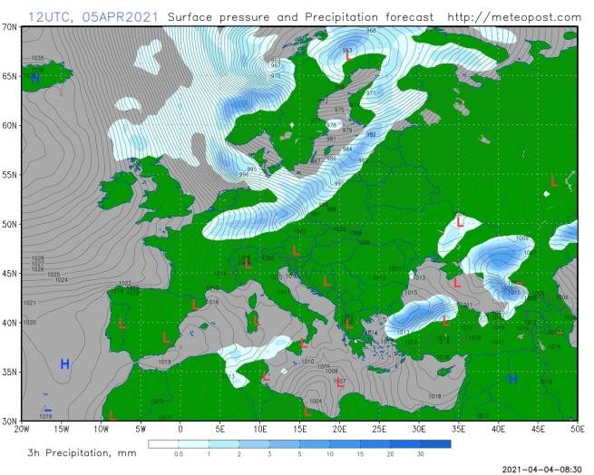 Возможно, это изображение (карта та текст «70N 1035 12UTC, 05APR2021 Surface pressure and Precipitation forecast http://meteopost.com 65N 60N 55N 978 50N- 45N 1025- 1021 4GN 1020 1009 1013 35N 1015 Η 1019 3GN 20W 01008 15W 10W 5W 1004 0 3h Precipitation, mm 5E 1018 10E 0.5 15E 1 20E 25E 3 30E 10 35E 15 40E 20 45E 50E 2021-04-04-08:30»)
