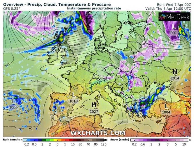 На зображенні може бути: map та текст «Overview- Precip, Cloud, Temperature & Pressure GFS 0.25° Instantaneous precipitation rate Run: Wed 7 Apr O0Z Valid: Thu Apr 12:00 UTC MetDesk 1010- 991 1022- 1018 1018- 1006 1014 H 1027 L 1004 Rain (mm/hr) 0.2 0.6 2 20 40 WXCHARTS.COM Snow (cm/hr) 80 120 206123510»