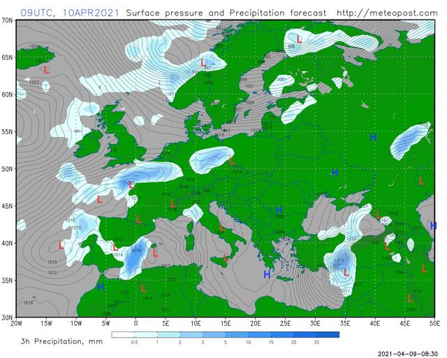 На зображенні може бути: map та текст «70N 09UTC, 10APR2021 Surface pressure and Precipitation forecast 5N 1023 60N L http://meteopost.com 55N 1001 50N 45N 1010 4GN 1010 1016 1014 35N 1015 이 3GN 20W 15W 10W 5W 0 1013 5E 3h Precipitation, mm 011- 10E 0.5 15E 1 20E 2 25E 3 5 30E 10 35E 15 40E 20 45E 50E 2021-04-09-08:30»