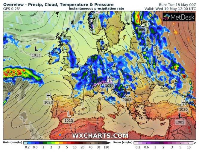На зображенні може бути: map, небо та текст «Overview- Precip, Cloud, Temperature & Pressure GFS 0.25° Instantaneous precipitation rate 1026 1022- 21018 Run: Tue 18 May oOZ Valid: Wed 19 May 12:00 UTC MetDesk L. 1013 101 1018 H 1019 H 1028 1026 1007 L 1022 1015 Rain (mm/hr) 0.2 0.6 1020 L 1005 1 2 10 80 120 WXCHARTS.COM Snow (cm/hr) 0.206123510 0.2»