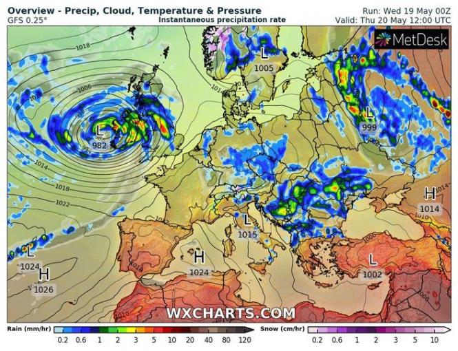 На зображенні може бути: map, небо та текст «Overview Precip, Cloud, Temperature & Pressure GFS 0.25° Instantaneous precipitation rate 1018 Run: Wed 19 May O0Z Valid: Thu 20 May 12:00 UTC MetDesk 1006 1005 982 1018- 1022- L 1015 H 1014 1010 1024H 1026 H 1024 Rain (mm/hr) 0.2 0.6 L 1002 2 WXCHARTS.COM Snow (cm/hr) 80 120 206123510»