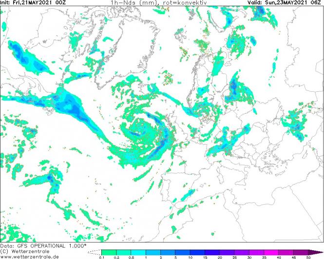 На зображенні може бути: текст «nit: Fri,21 MAY2021 00z Th-Nds mm rot=konvektiv Valid: Sun,23MAY2021 062 Data: GFS OPERATIONAL 1.000° (C) Wetterzentrale wetterzentrale.de 33 45»