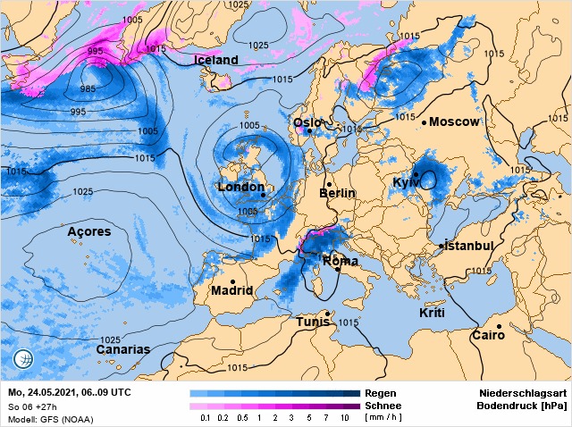 На зображенні може бути: map, небо та текст «0025 985 Iceland 995 1 005 1015 1025 1015 Moscow London Açores Berlin Madrid istanbul Canarias 1015 Mo, 24.05.2021, 06..09 UTC So +27h Model: GFS (NOAA) Cairo Regen Schnee [mm 0102051236710 Niederschlagsart Bodendruck [hPa]»