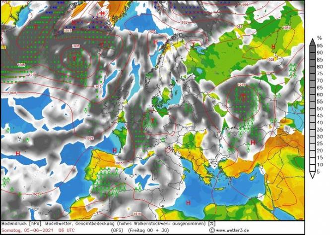 На зображенні може бути: map, небо та текст «1015 1015 1005 1025 1005 1015 1015 1025 1015 0:25 % 95 90 85 80 1015 65 925 1025 1025 1015 Bodendruck [hPo]. Modellwetter, Gesamtbedeckung (hohes Wolkenstockwerk ausgenommen) [7] Samstag, 05-06-2021 06 UTC (GFS) (Freitag 00 30) C www.wetter3.de»