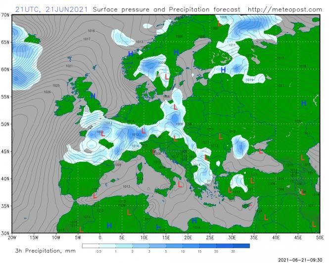 Новини Вінниці - фото з Спека в Україні посилюється: яку погоду очікувати до кінця тижня На зображенні може бути: карта та текст «70N 65N 21UTC, 21JUN2021 Surface pressure and Precipitation forecast http://meteopost.com 1006 1016 1017 6ON 1021 1025 1026、 55N 50N 1019/ 021 45N 1009 H 4GN 35N 3GN 20W 15W 10W 5w 0 5E 3h Precipitation, mm 10E 0.5 15E 1 20E 2 25E 30E 5 10 35E 15 40E 20 45E 50E 2021-06-21-09:30»
