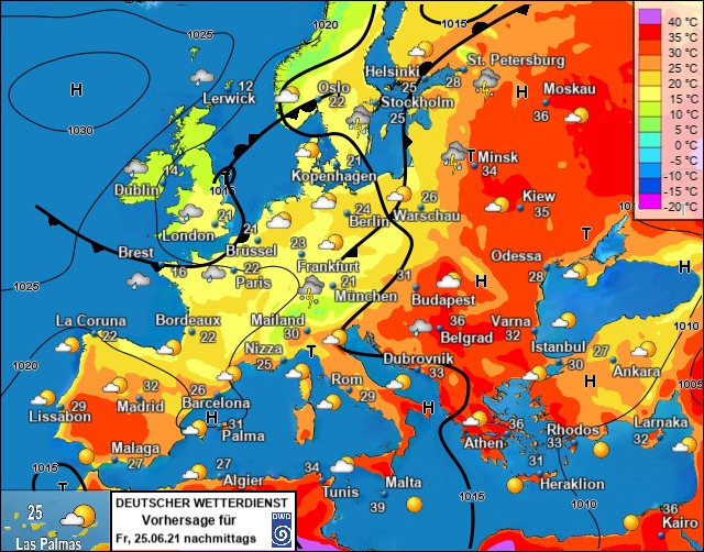 На зображенні може бути: ‎карта та ‎текст «‎1025 1020 H 1030 erwick Oslo Helsinki 25 Stockholm St. Petersburg H Moskau 36 Dublin Kopenhagen 40 C 15 05 Minsk 34 1025 26 24 Berlin Warschau Kiew 35 Paris La Coruna T 1020 Bordeaux 22 London Brest Brussel 23 Frankfurt Odessa 21 Î 28 Munchen Budapest 36 Varna Belgrad 32 Istanbul 27 Dubrovnik 30 Ankara Mailand 30 Nizza 25 Lissabon 32 Madrid Barcelona Rom 1010 1015 Malaga Palma 1005 25 Athen Rhodos Las Palmas 27 Algier DEUTSCHER WETTERDIENST Vorhersage für מגים Fr, 25.06.21 nachmittags Larnaka Tunis Malta 39 1015 Heraklion 1010 36 Kairo‎»‎‎