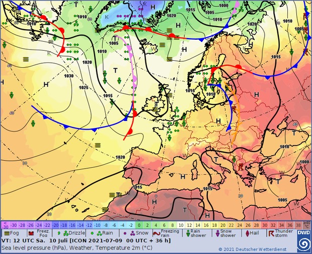 На зображенні може бути: ‎карта та ‎текст «‎091010 0 1015 1020 H 005 1010 1010 1020 هد H 1030 T H 1025 1015 1015 22 1005 10 8 Fog sDrizzle Rain Snow Freezing VT: UTC 10 Juli 2021-07-09 00 UTC 6 Sea level pressure (hPa). Weather Temperature 2m (*C) Rain shower Snow shower Hail Ror Thunder DWD 2021 Deutscher etterdienst‎»‎‎