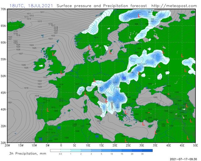 На зображенні може бути: карта та текст «70N 18UTC, 18JUL2021 1011 65N 1015- Surface pressure and Precipitation forecast http://meteopost.com 1800 60N 022 1024 1025 026- 1027 55N 1026 1025 50N 1022 1007-1007 1019 45N 1020 1008 1016 1021 4GN 35N 3GN 20W 15w 10W 5W 0 5E 3h Precipitation, mm 10E 0.5 15E 1 20E 2 25E 30E 5 35E 10 15 40E 20 45E 50E 2021-07-17-09:30»