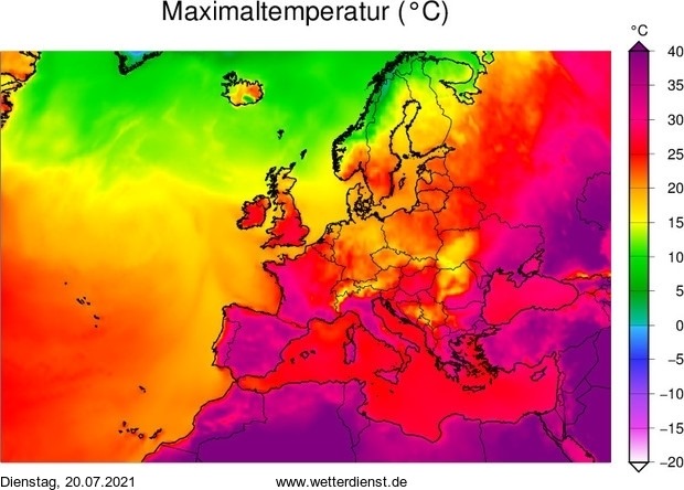 На зображенні може бути: карта, небо та текст «Maximaltemperatur (°℃) °C 35 30 25 20 15 10 Dienstag, 20.07.2021 www.wetterdienst.de -15 -20»