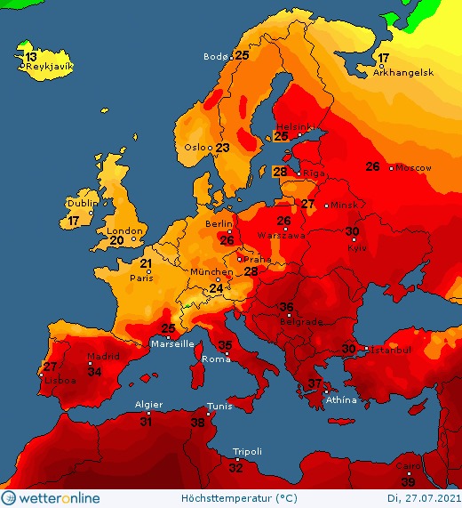 На зображенні може бути: карта та текст «13 Reykjavik Bodg 17 Arkhangelsk Helsink Oslo.23 28 Dublin 17 .Moscow London 20 Berlin .Minsk Warszawa Paris .Praha München Madrid Marseille Roma Lisboa Istanbul Algier Tunis Athina Tripoli wetter wetteronline Höchsttemperatur (°℃) Di,27.07.2021»
