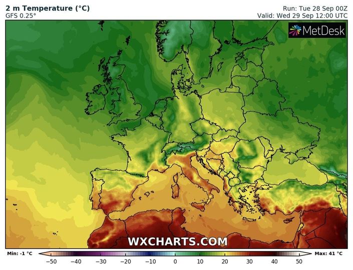На зображенні може бути: карта, небо та текст «2 m Temperature (C) GFS 0.25° Run: Tue 28 Sep 00Z Valid: Wed 29 Sep 12:00 UTC *MetDesk Min: °C -50 -40 -30 -20 WXCHARTS.COM -10 0 10 20 30 40 Max: 41 C 50»