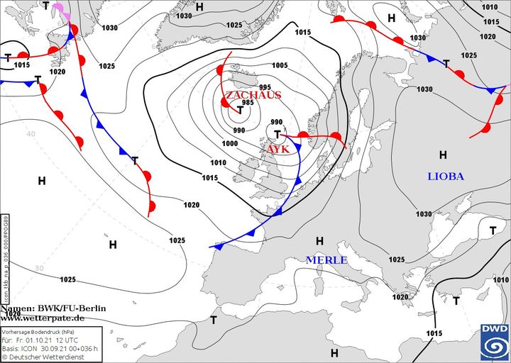 На зображенні може бути: карта та текст «1030 1015 1020 1025 1015 H 1010 1005 1030 1015 1020 40 1025 ZACHAUS 985 1030 990- 1000 990 T AYK H 1010 1015 1020 H Î LIOBA 1025 1025- 1030 H T MERLE 1025 amen: BWK/FU-Berlin w.wetterpate.de Bodendruck (hPa) 01. 12UTC 12 Basis ICON 30.09.2100+036h 30.09.21 Deutscher Wetterdienst 1015 DWD»