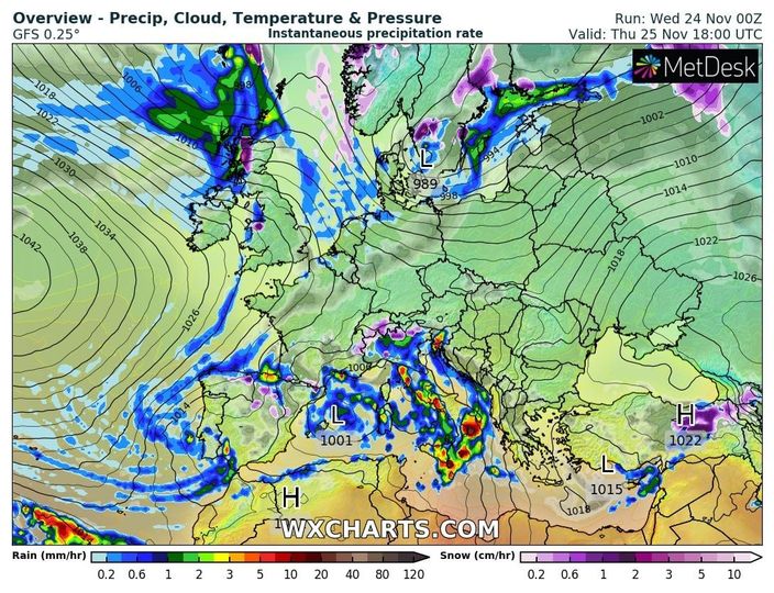 На зображенні може бути: карта та текст «Overview Precip, Cloud, Temperature & Pressure GFS 0.25° Instantaneous precipitation rate 1018 906 Run: Wed 24 Nov 00Z Valid: Thu 25 Nov 18:00 UTC åMetDesk 1030- 1002 1042- 1038- 1034 1010- -1014- 1022- 1026- 100 1001 H Rain (mm/hr) 0.2 0.6 1 1015 2 WXCHARTS.COM Snow (cm/hr) 80 120 206123510»