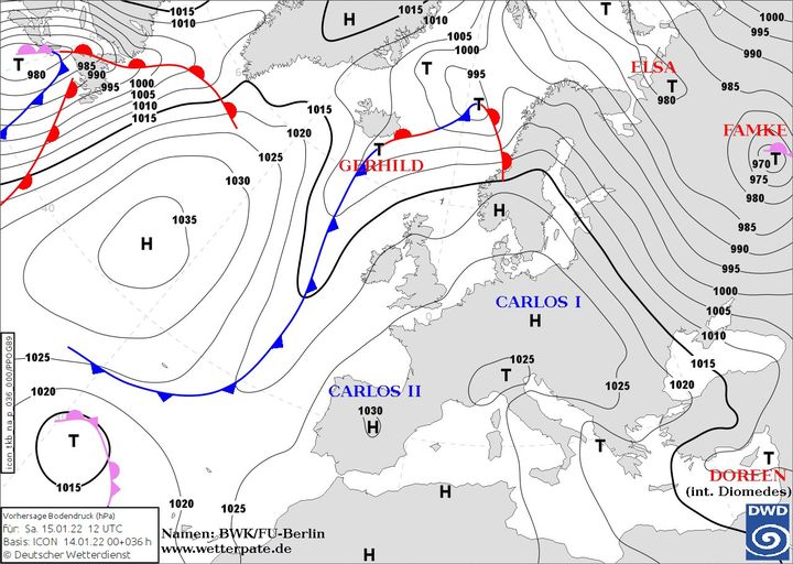 На зображенні може бути: карта та текст «1010 T 980 H 1015 9951000 1000/ 1005 1005 1000 1015 995 1015 1000 995 1020 990 ELSA 1025 1030 985 980 GERHILD 1035 H FAMKE 970 975 980 985 990 995 1000 1005 CARLOS I Η T 1025 T CARLOSII 1030 1025 1015 1020 ব 1025- 1020 1025 Bodendruck (hPa) für: 15.01.22 12UTC Namen:BWK/FU-Berlin Basis: ICON 14.01.22 00+036h www.wetterpate.de Deutscher Wetterdienst 1020 Î DOREEN (int. Diomedes) DWD»