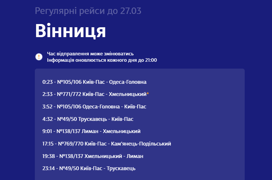 Новини Вінниці - фото з Пасажирські перевезення під час війни. Графік руху поїздів по станції Вінниця й не тільки на 14 березня