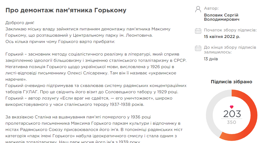 Новини Вінниці - фото з Електронні петиції: вінничани просять демонтувати пам’ятник Горькому
