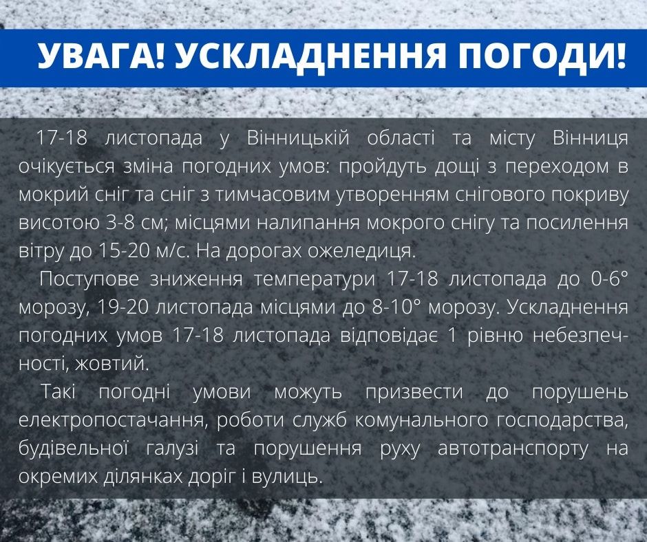 Новини Козятина - фото з Мороз та ожеледиця: в обласному центрі з гідрометеорології повідомили про ускладнення погодних умов