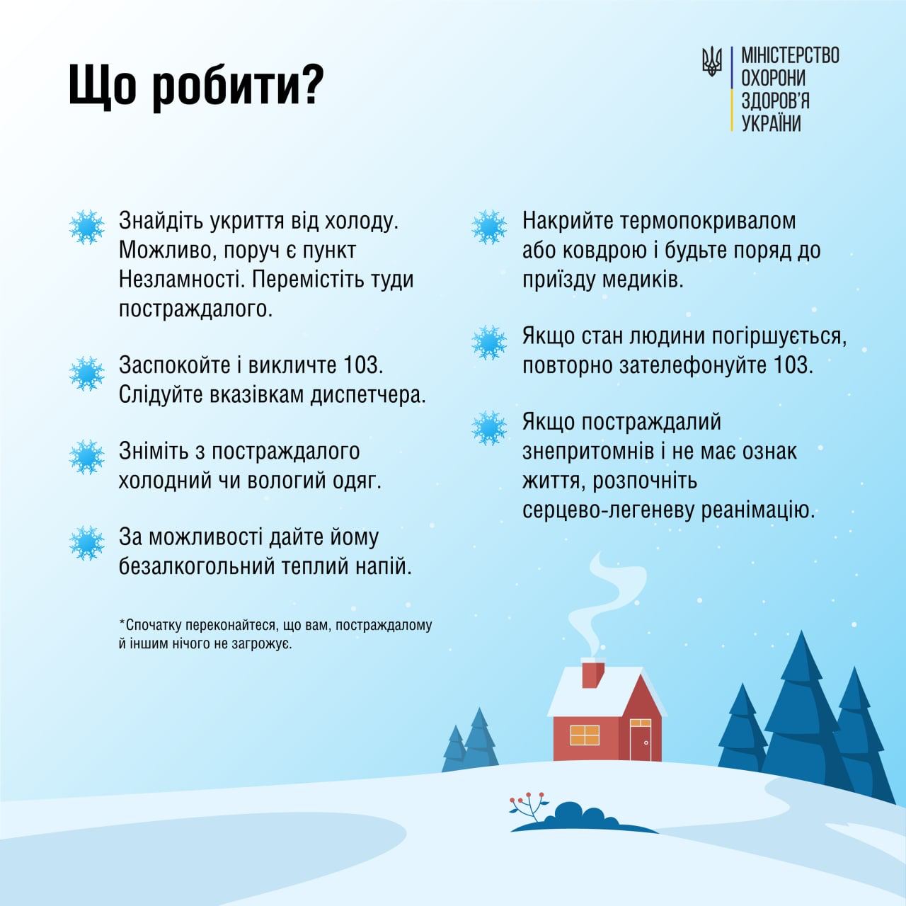 Новини Тернополя - фото з Зима може бути важкою: медики розповіли, як виявити переохолодження та надати допомогу (ГРАФІКИ) На зображенні може бути: текст «що робити? MIHICTEPCTBO охорони здоров'я украйни знайдить укриття вi̇д холоду. можливо, поруч пункт незламност. перемстт туди постраждалого. накрийте термопокривалом або ковдрою будьте поряд до прийзду медикив. заспокойте викличте 103. слдуйте вказивкам диспетчера. якщо стан людини погршуеться, повторно зателефонуйте 103. знмить 3 постраждалого холодний чи вологий одяг. якщо постраждалий знепритомнив не мае ознак життя, розпочнить серцево-легеневу реанмацю. за можливост дайте йому безалкогольний теплий напй. *спочаткупереконайтеся, переконайтеся що вам, постраждалому i̇ншим нчого не загрожуе.»