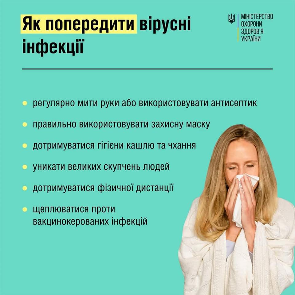 Новини Тернополя - фото з Як попередити ГРВІ та коли варто негайно йти до лікаря (ІНФОГРАФІКА) На зображенні може бути: 1 особа та текст «як попередити врусн нфекци هg MIHICTEPCTBO охорони здоров'я украйни регулярно мити руки або використовувати антисептик правильно використовувати захисну маску дотримуватися ггени кашлю та чхання уникати великих скупчень людей дотримуватися физичной дистанци щеплюватися проти вакцинокерованих инфекций»