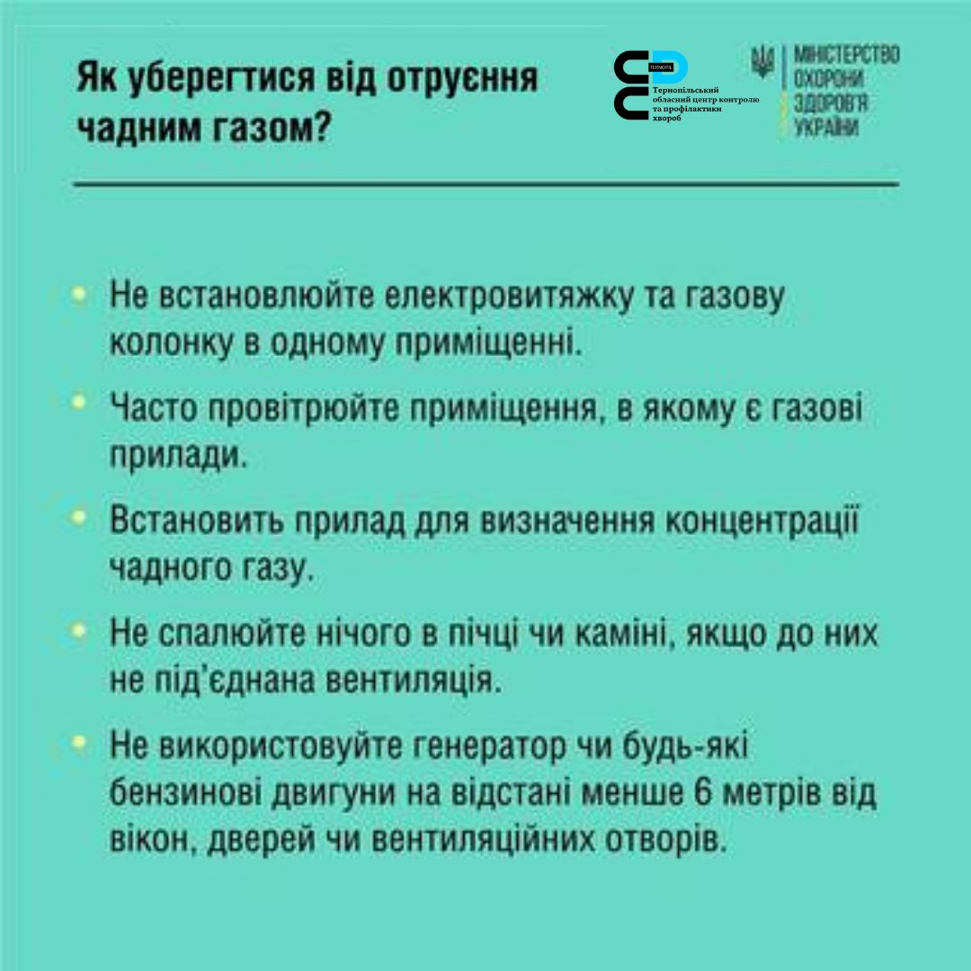 На зображенні може бути: одна або кілька осіб та текст «як уберегтися вi̇д отрусння чадним газом? мнстерство охорони здоровя украни He встановлюйте електровитяжку та газову колонку в одному примищенни. часто провитрюйте примщення, в якому € газов прилади. встановить прилад для визначення концентраци чадного газу. He спалюйте нчого в пi̇чци чи KAMİHİ, якщо до них не п»д еднана вентиляция. He використовуйте генератор чи будь-яки бензинов двигуни на вдстанй менше 6 метрів вi̇д BİKOH, дверей чи вентиляцйних отворi̇в.»