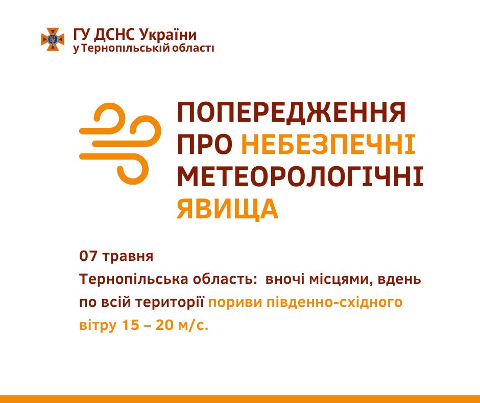Новини Тернополя - фото з На Тернопільщині ускладниться погода — рятувальники попереджають про сильний вітер На зображенні може бути: текст