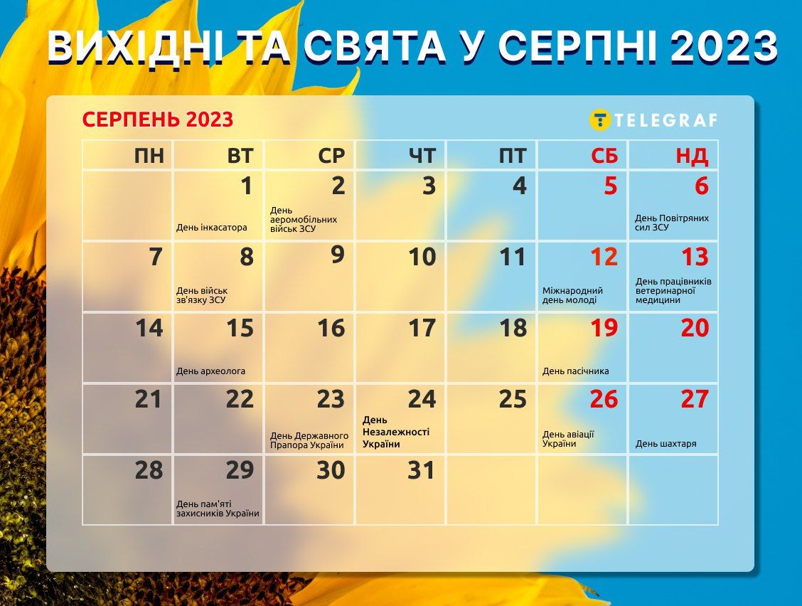 Новини Хмельницького - фото з Вихідні та свята у серпні 2023: скільки відпочиватимуть хмельничани