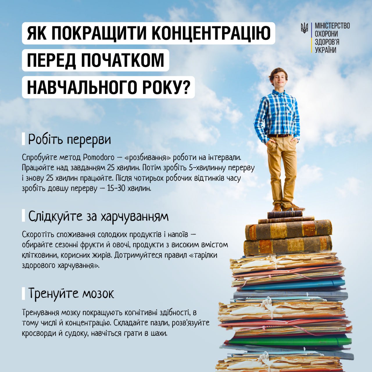 Новини Тернополя - фото з Як покращити концентрацію перед початком навчального року школярам та студентам На зображенні може бути: 1 особа та текст «як покращити концентрацю перед початком навчального року? MIHICTEpCTBO охорони здоров'я украйни робть перерви спробуйте метод Pomodoro <розбивання> роботи на интервали. працюйте над завданням 25 хвилин. IOTiM зробить 5-хвилинну перерву знову 25 хвилин працюйте. псля чотирьох робочих вдтинкив часу зробить довшу перерву- 15-30 хвилин. слдкуйте за харчуванням скоротть споживання солодких продуктв напотв обирайте сезоннỉ фрукти овоче, продукти високим BMICTOM клтковини, корисних жирв. дотримуйтеся правил <тарлки здорового харчування>>. тренуйте мозок тренування мозку покращують когнтивнi̇ здбности, в тому числ концентрацю. складайте пазли, розв'язуйте кросворди й судоку, навчться рати в шахи.»