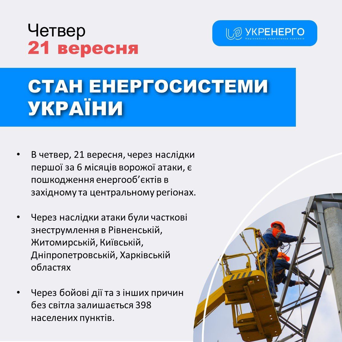 Новини Козятина - фото з Є пошкодження енергооб’єктів в західному та центральному регіонах: наслідки першої за 6 місяців атаки