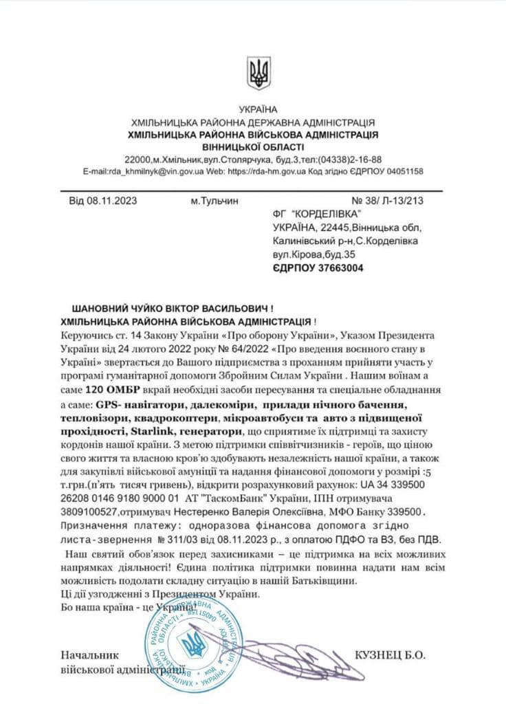 Новини Козятина - фото з Розсилають листи про перерахунок грошей від імені посадових осіб Хмільницької РВА — це фейк