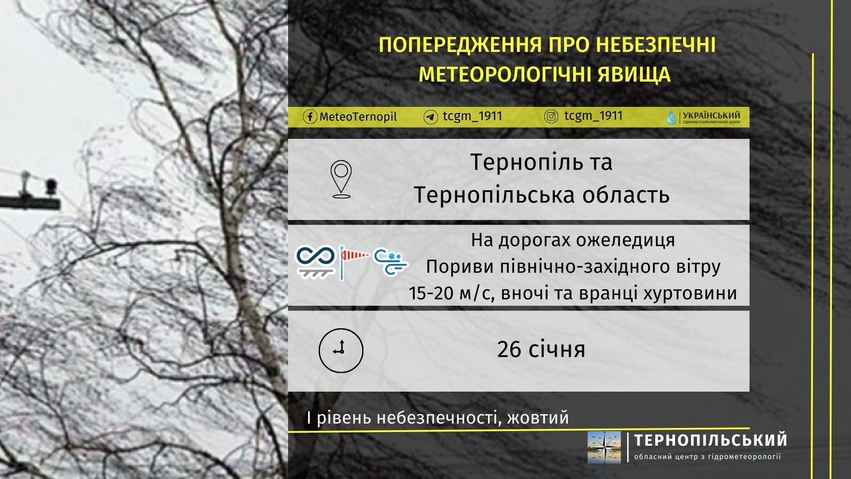 Новини Тернополя - фото з Перший рівень небезпечності: на Тернопільщині слизько, вітряно та волого