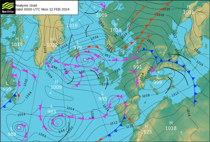 На зображенні може бути: карта та текст «Analysis chart alid 0000 UTC Mon 12 FEB 2024 MetOfice 1019 1020 1016 H 1016 H— 1031 1009 1016 x Î 1019 101208 008 1004 1008 979 1012 1000 992 1000 996 1004 H 1009 995 100 996 1000 1004 10:20 1016 991 1004 1090 999 1004 995 983 1004 1008 1012 1008 988 1004 996 1000 1012 1016 1016 H 1023 H 1018»