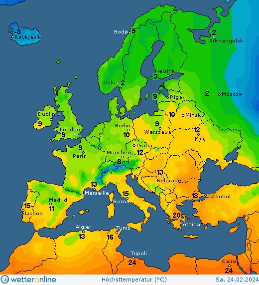 На зображенні може бути: карта та текст «Reykjavik Bodg. Arkhangelsk Oslo. Helsinki Helsinki Dublin 2 .Moscow London Minsk Berlin 10 Warszawa Paris München Kyiv 13 Marseille Roma Madrid 15 11 Lisboa Belgrade Istanbul Istanbul Algier 13 Tunis Athina Tripoli 24 wetteronline wetter Höchsttemperatur (°C) Cairo 24 Sa, 24.02.2024»