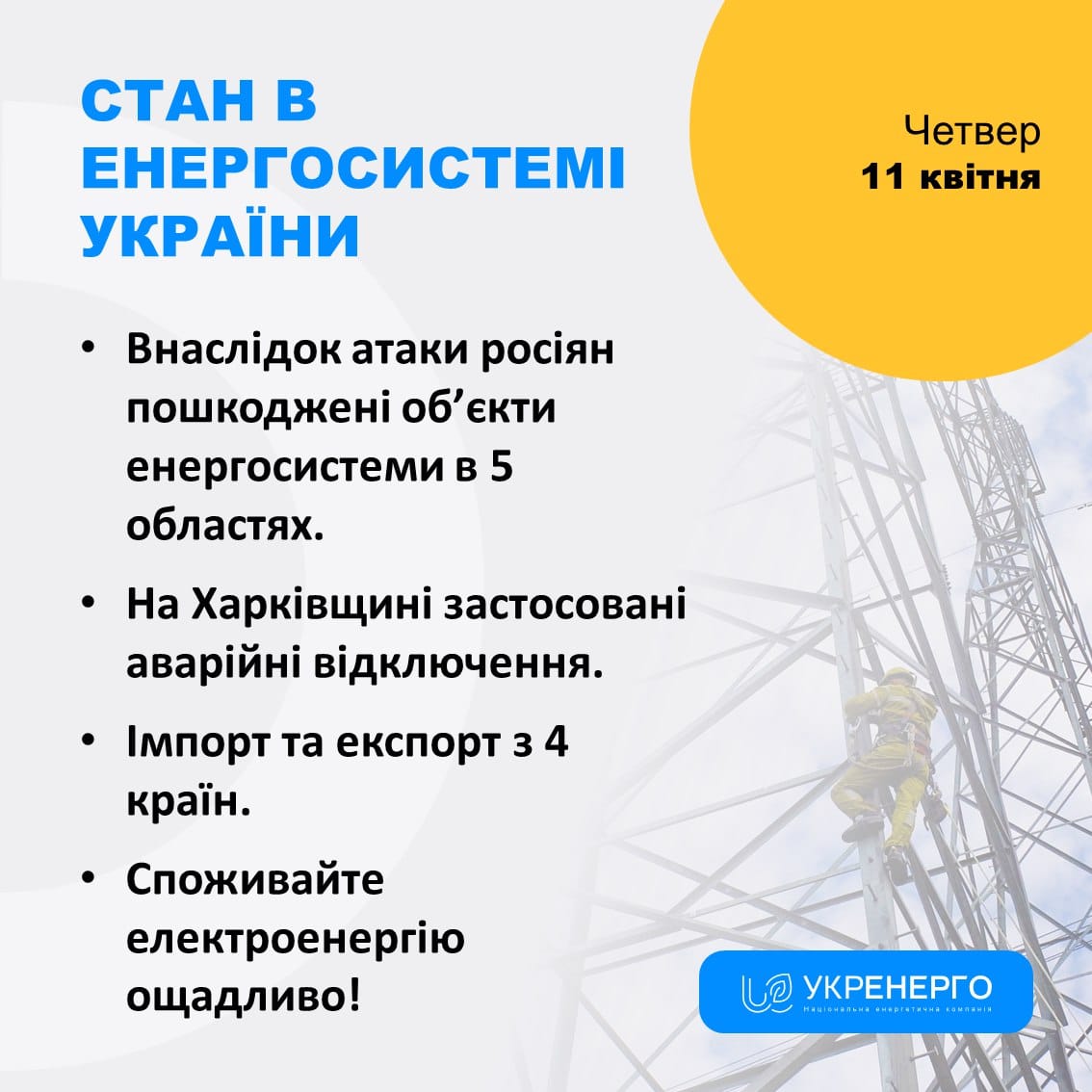 Новини Тернополя - фото з В Україні можуть бути обмеження подачі світла, якщо обстріли триватимуть На зображенні може бути: текст «СтАн в ЕНЕРГОСИСТЕΜΙ УКРАΪНИ Четвер 11 квитня Внасл.док атаки росян пошкоджен οб' екти енергосистеми в 5 областях •Ha Харкивщинй застосовани авар.йни в.дключення. ·Ιмпорт та експорт 3 4 крайн. •Споживайте електроенерг.ю ощадливо! บอ IREA susalea. УКРЕНЕРГО»